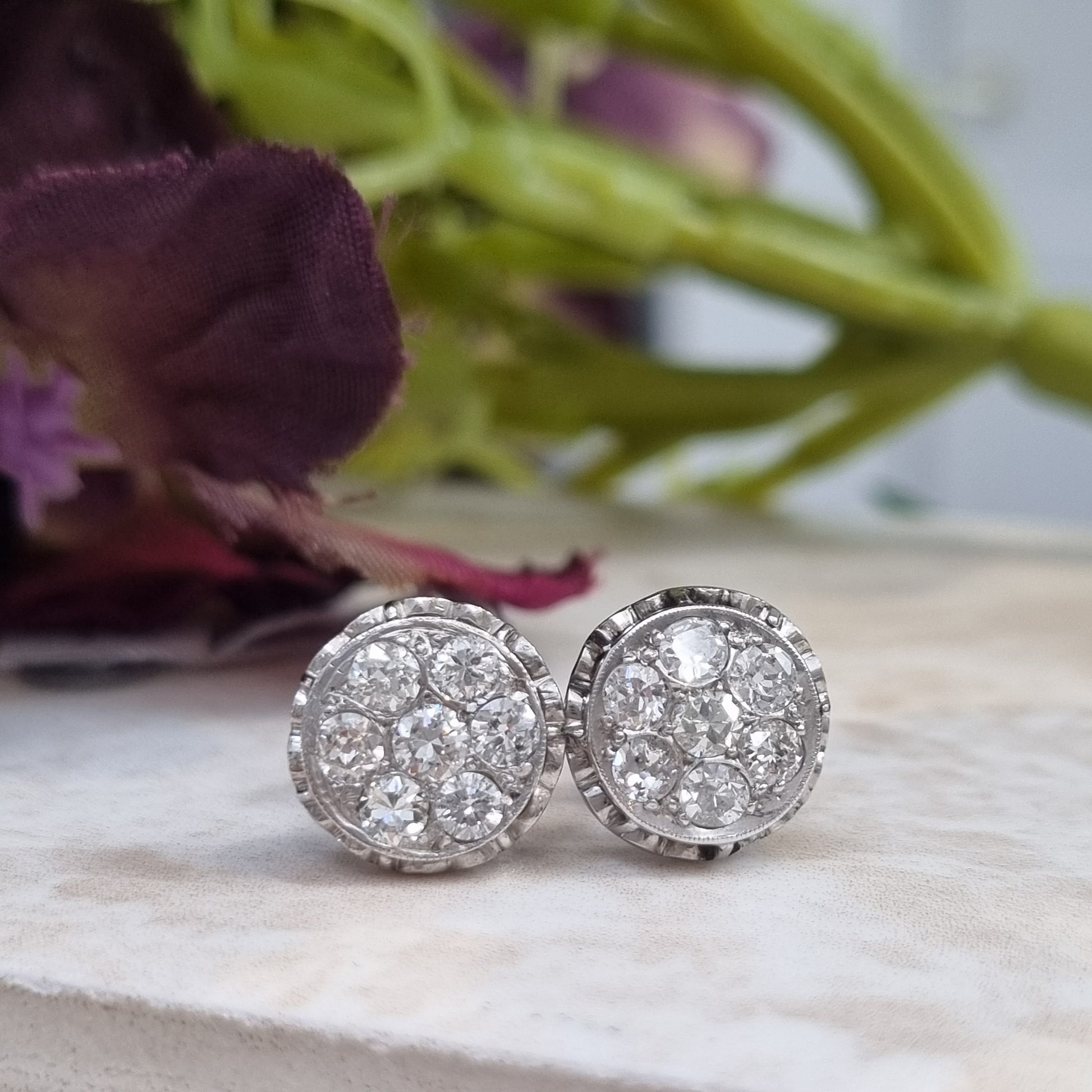Vintage Diamond Cluster Stud Earrings, 1.50 carats
