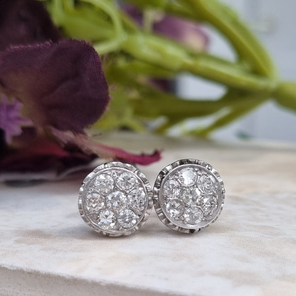 Vintage Diamond Cluster Stud Earrings, 1.50 carats