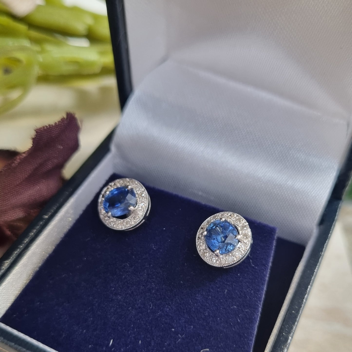 Sapphire and Diamond Cluster Stud Earrings in 18 Carat White Gold