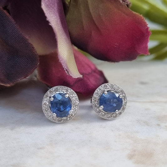 Sapphire and Diamond Cluster Stud Earrings in 18 Carat White Gold