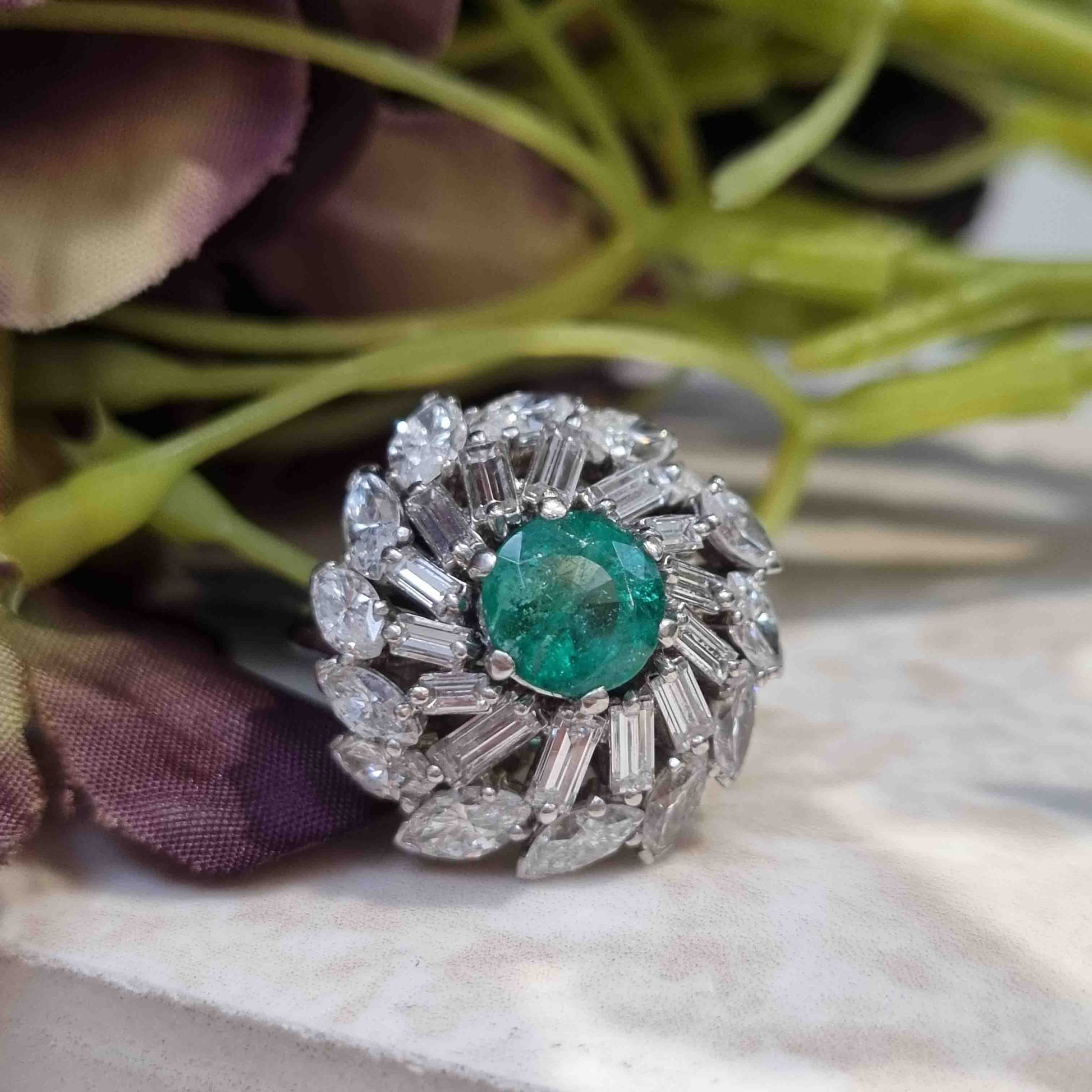 Vintage 1960s Emerald and Marquise and Baguette Diamond Swirl Cluster Cocktail Ring
