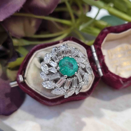 Vintage 1960s Emerald and Marquise and Baguette Diamond Swirl Cluster Cocktail Ring