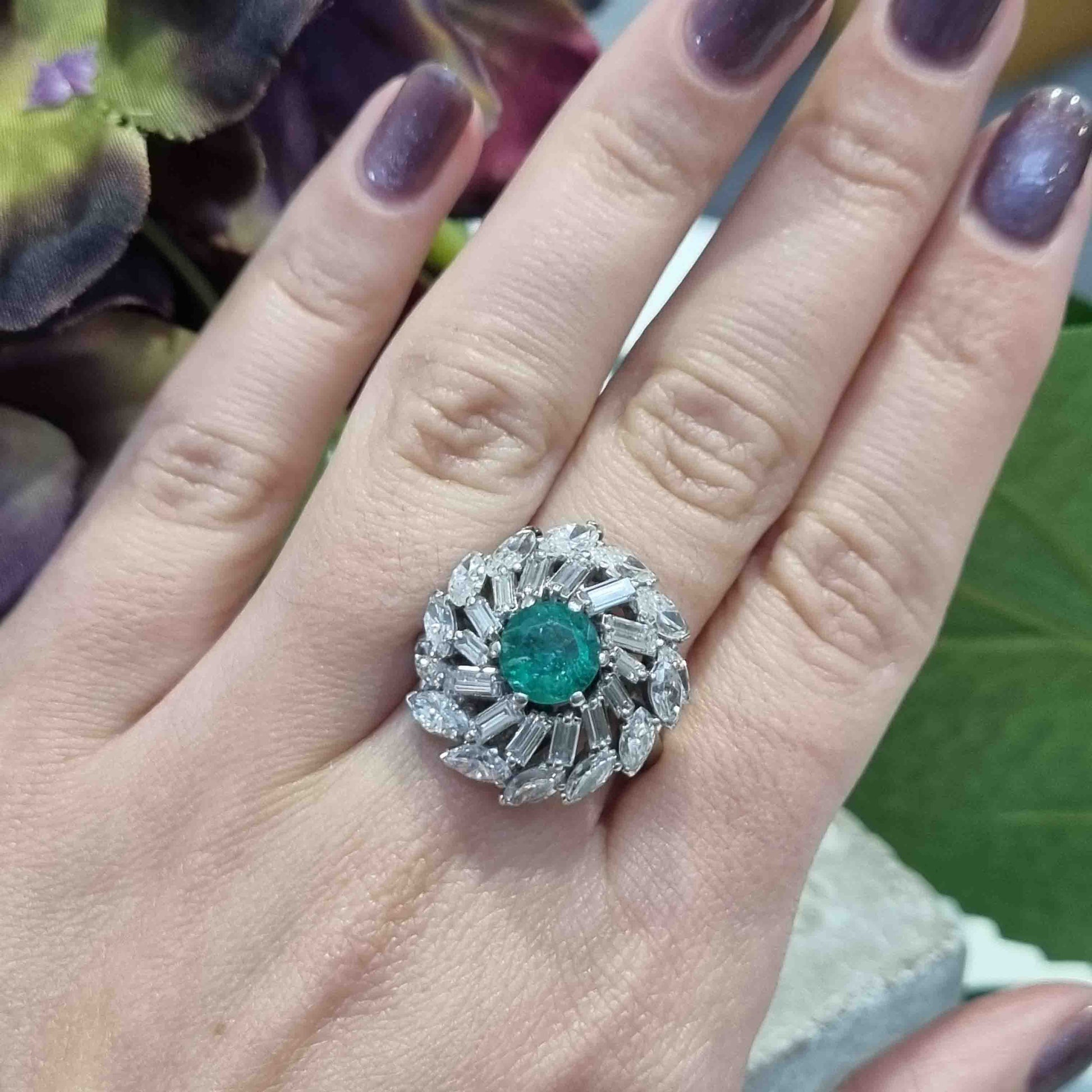 Vintage 1960s Emerald and Marquise and Baguette Diamond Swirl Cluster Cocktail Ring
