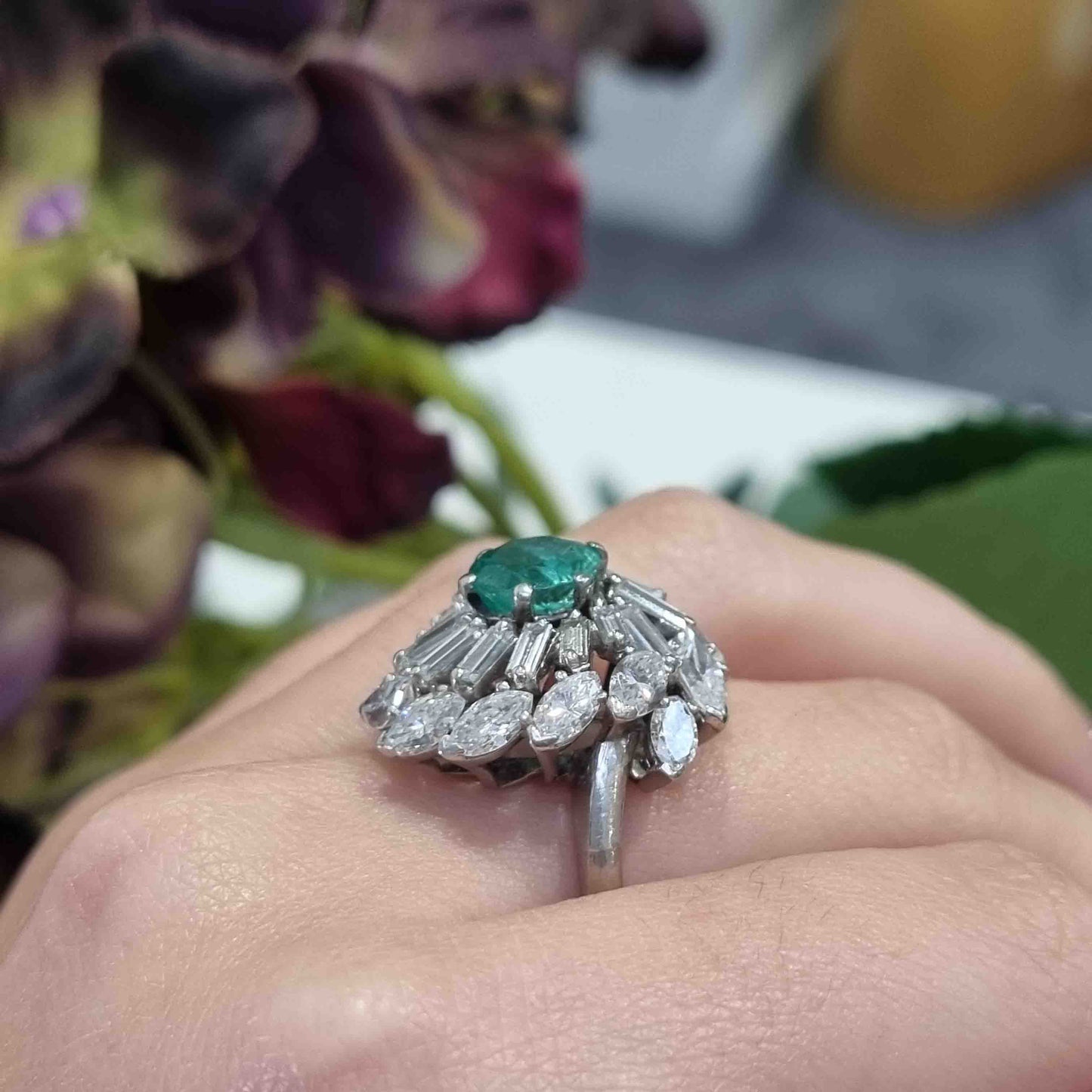 Vintage 1960s Emerald and Marquise and Baguette Diamond Swirl Cluster Cocktail Ring