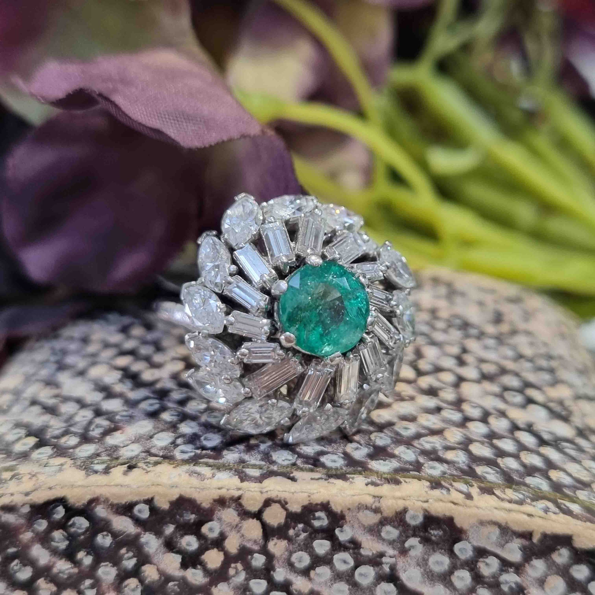 Vintage 1960s Emerald and Marquise and Baguette Diamond Swirl Cluster Cocktail Ring