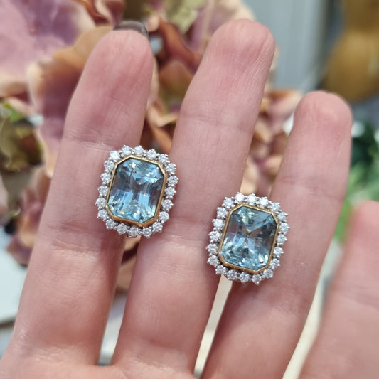 10cts Aquamarine and Diamond Cluster Stud Earrings