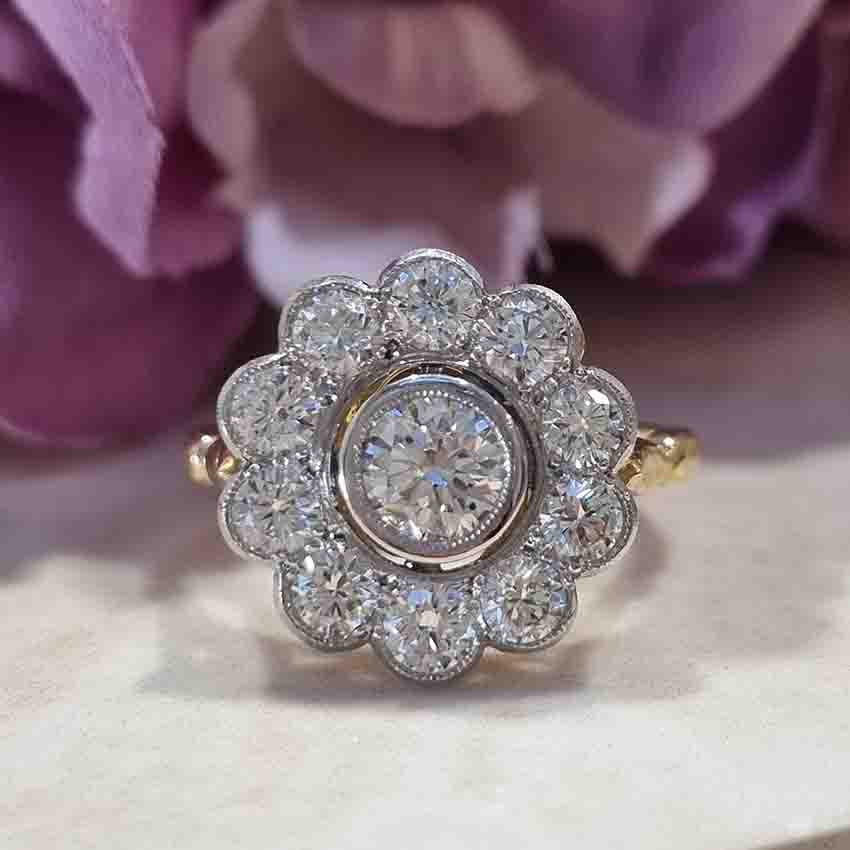 Diamond Daisy Flower Cluster Ring in Platinum to 18ct Yellow Gold