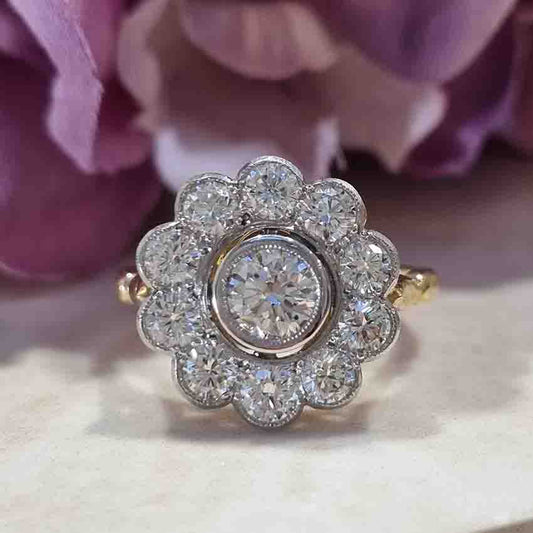Diamond Daisy Flower Cluster Ring in Platinum to 18ct Yellow Gold