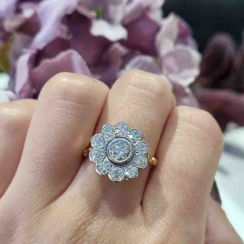 Diamond Daisy Flower Cluster Ring in Platinum to 18ct Yellow Gold