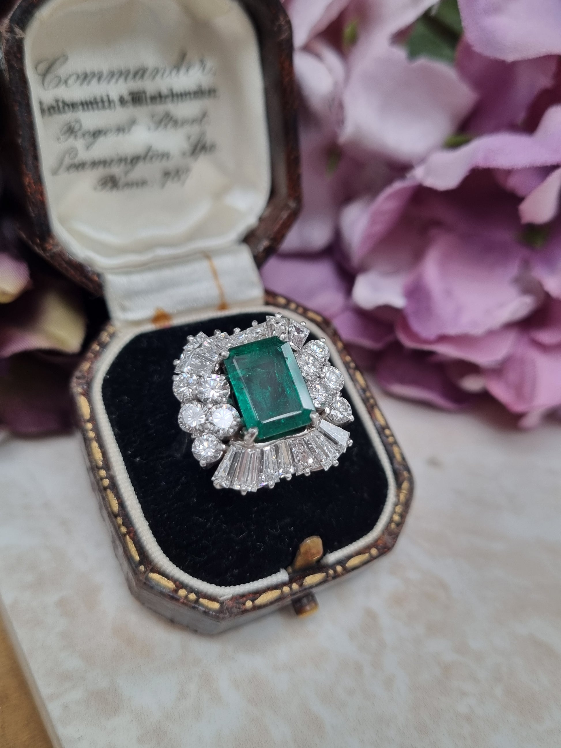 Vintage 1950s Colombian Emerald and Diamond Ballerina Cluster Ring
