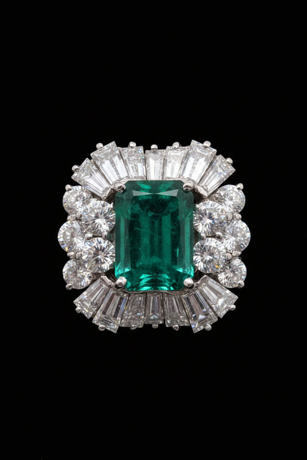 Vintage 1950's 3cts Colombian Emerald and Diamond Ballerina Cluster Ring