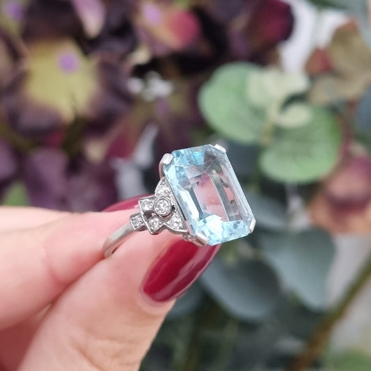Art Deco 7ct Aquamarine and Diamond Statement Ring