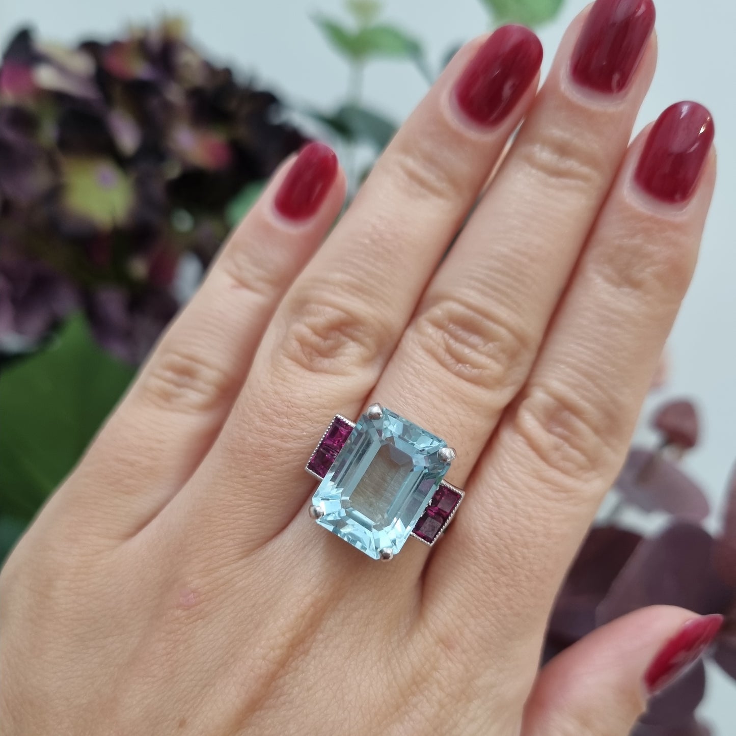 Vintage Retro 1940s Aquamarine and Ruby Cocktail Ring
