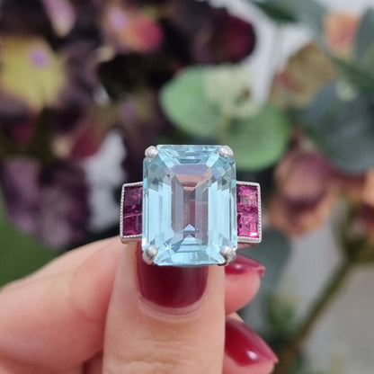 Vintage Retro 1940s Aquamarine and Ruby Cocktail Ring