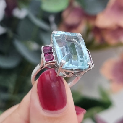 Vintage Retro 1940s Aquamarine and Ruby Cocktail Ring