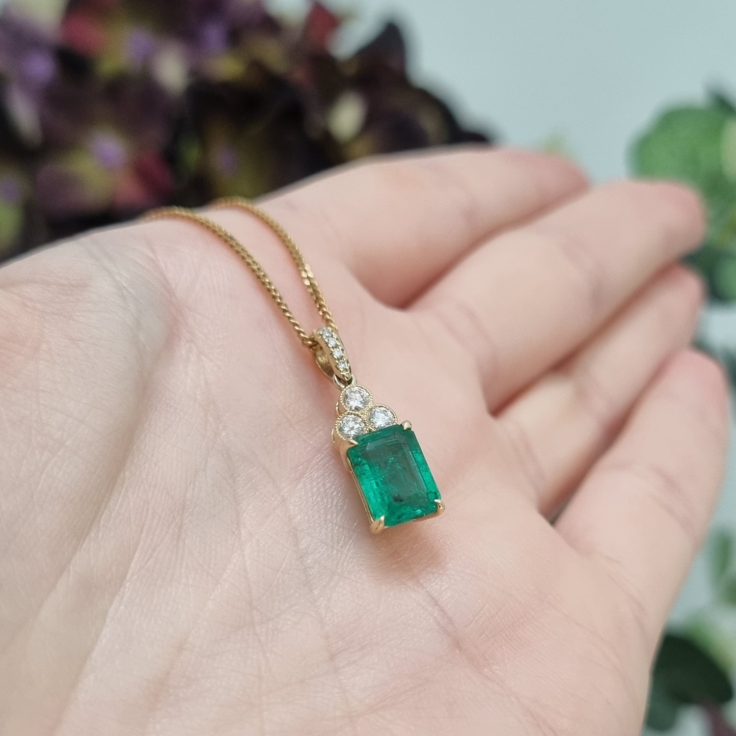 1.72ct Emerald and Diamond Pendant with Chain