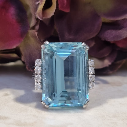 Vintage Retro 27cts Aquamarine and Diamond Cocktail Ring
