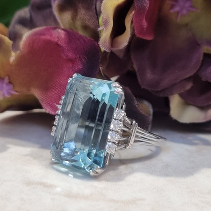 Vintage Retro 27cts Aquamarine and Diamond Cocktail Ring