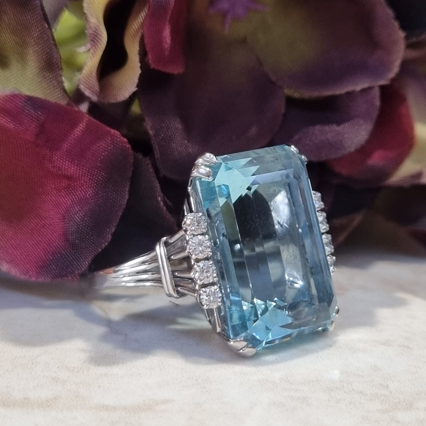 Vintage Retro 27cts Aquamarine and Diamond Cocktail Ring