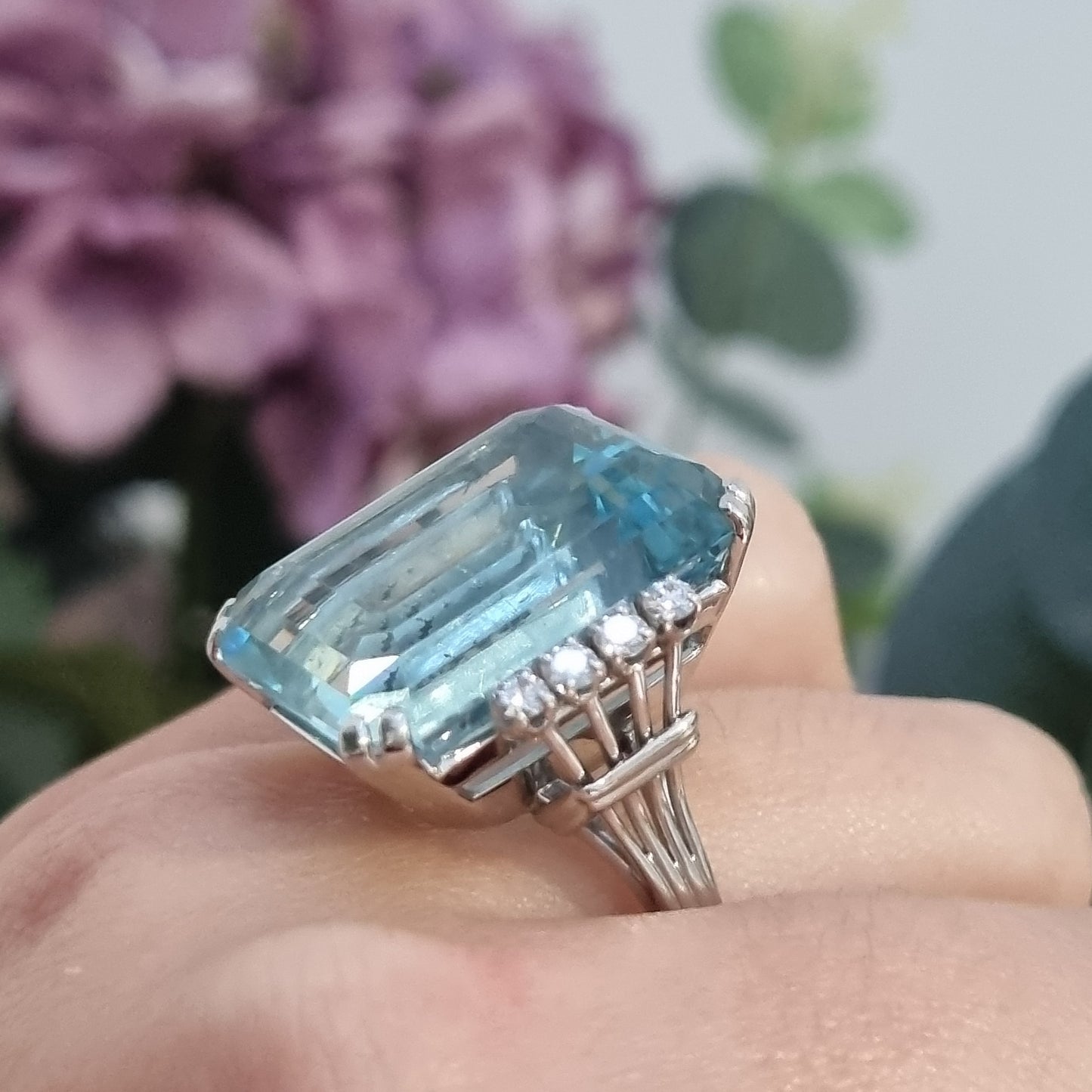 Vintage Retro 27cts Aquamarine and Diamond Cocktail Ring