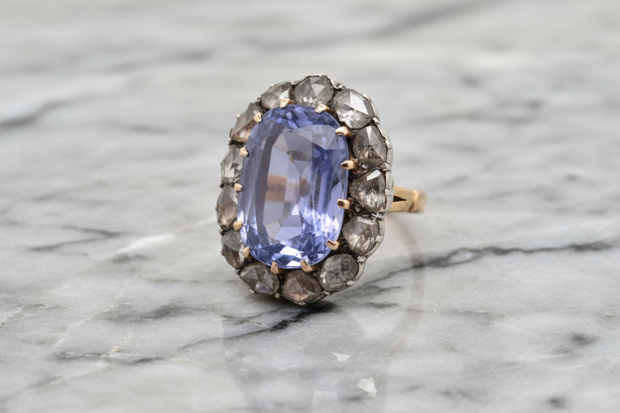 Antique Victorian sapphire and diamond cluster ring, cushion oval and rose cut diamonds gold foiled back Georgian 1800