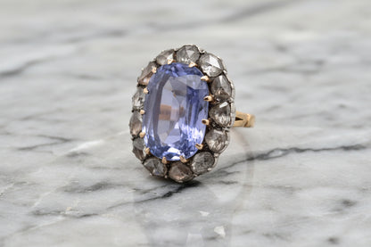 Antique Victorian sapphire and diamond cluster ring, cushion oval and rose cut diamonds gold foiled back Georgian 1800