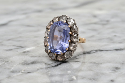 Antique Victorian sapphire and diamond cluster ring, cushion oval and rose cut diamonds gold foiled back Georgian 1800