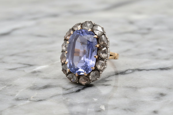 Antique Victorian sapphire and diamond cluster ring, cushion oval and rose cut diamonds gold foiled back Georgian 1800