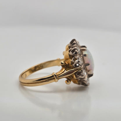 Vintage Opal and Diamond Oval Cluster Engagement Ring, 18ct Yellow gold.