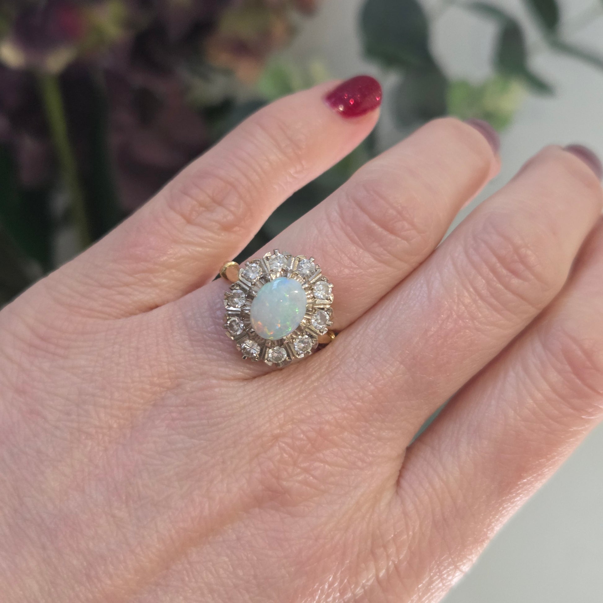 Vintage Opal and Diamond Oval Cluster Engagement Ring, 18ct Yellow gold.