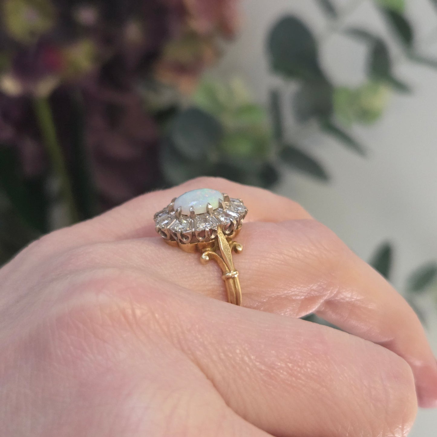 Vintage Opal and Diamond Oval Cluster Engagement Ring, 18ct Yellow gold.