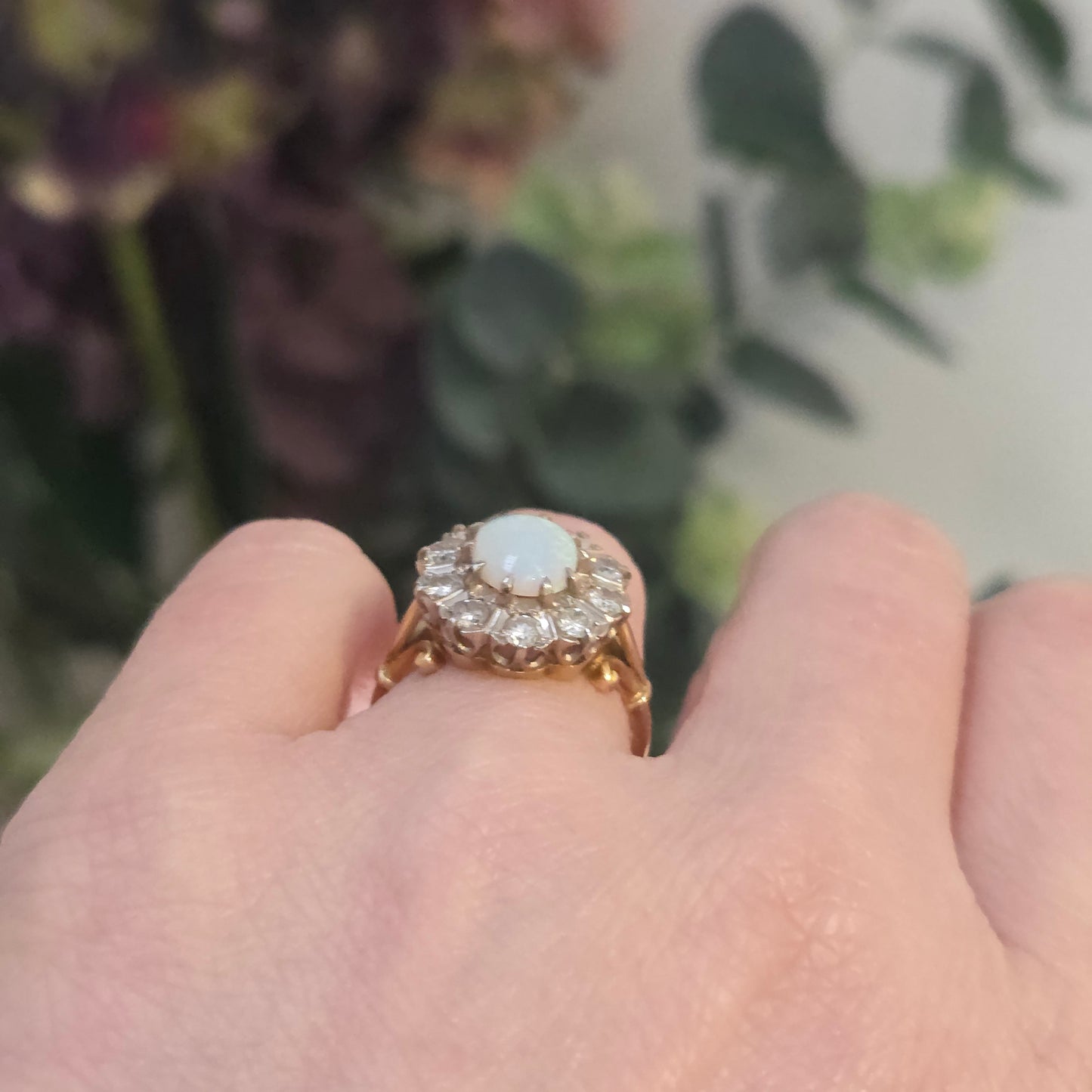 Vintage Opal and Diamond Oval Cluster Engagement Ring, 18ct Yellow gold.