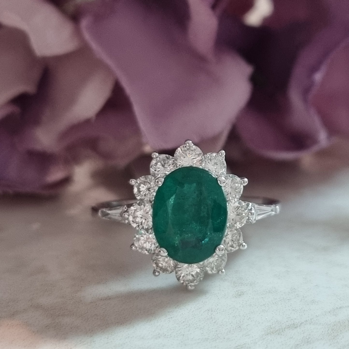 1.54ct Oval Emerald and Diamond Cluster Engagement Ring