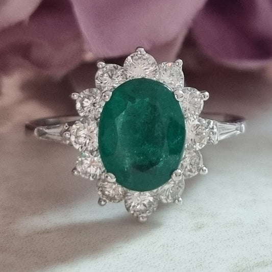 1.54ct Oval Emerald and Diamond Cluster Engagement Ring