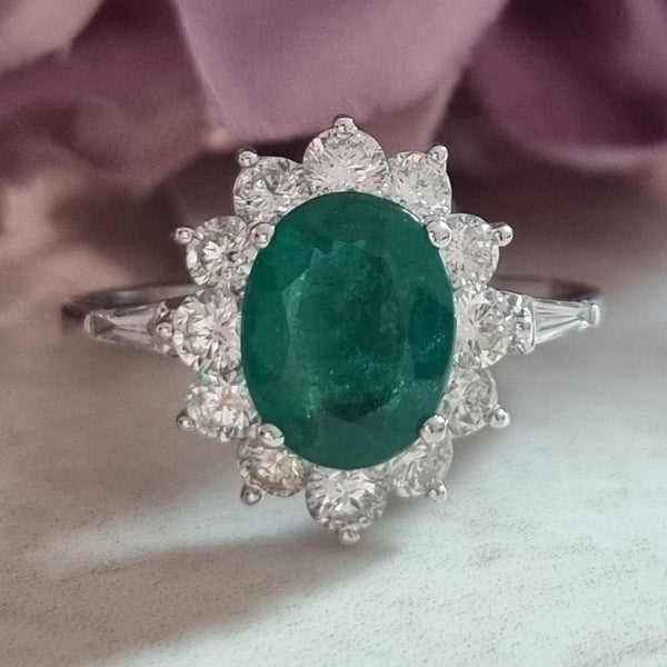 1.54ct Oval Emerald and Diamond Cluster Engagement Ring