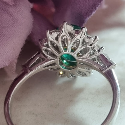 1.54ct Oval Emerald and Diamond Cluster Engagement Ring