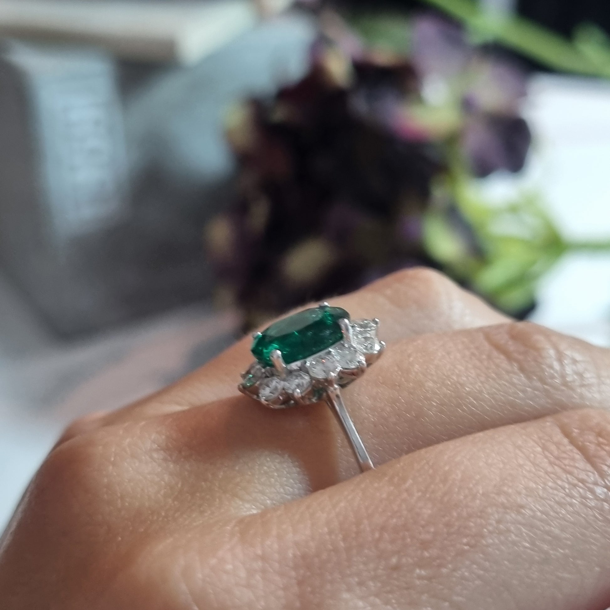 2.16ct Oval Emerald and Diamond Cluster Ring