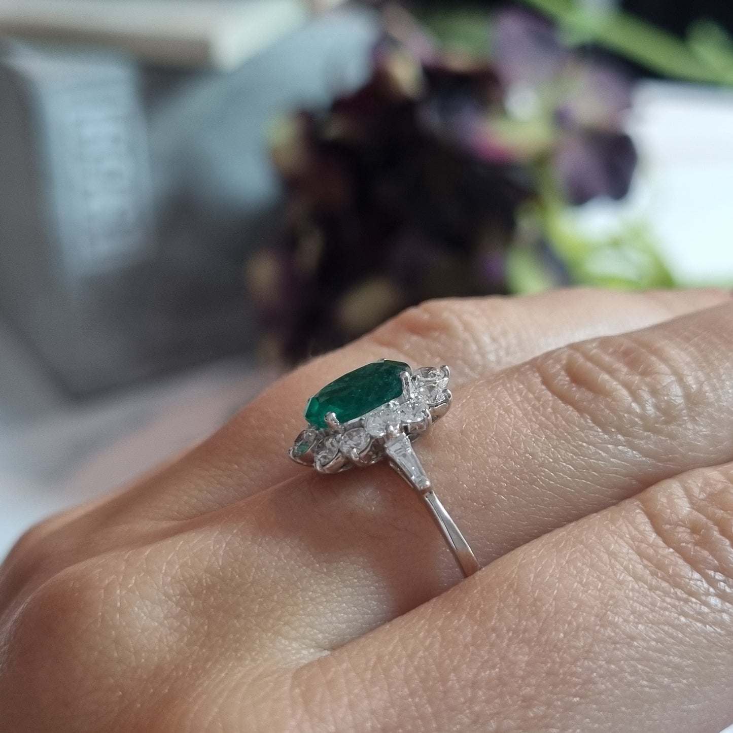 1.54ct Oval Emerald and Diamond Cluster Engagement Ring