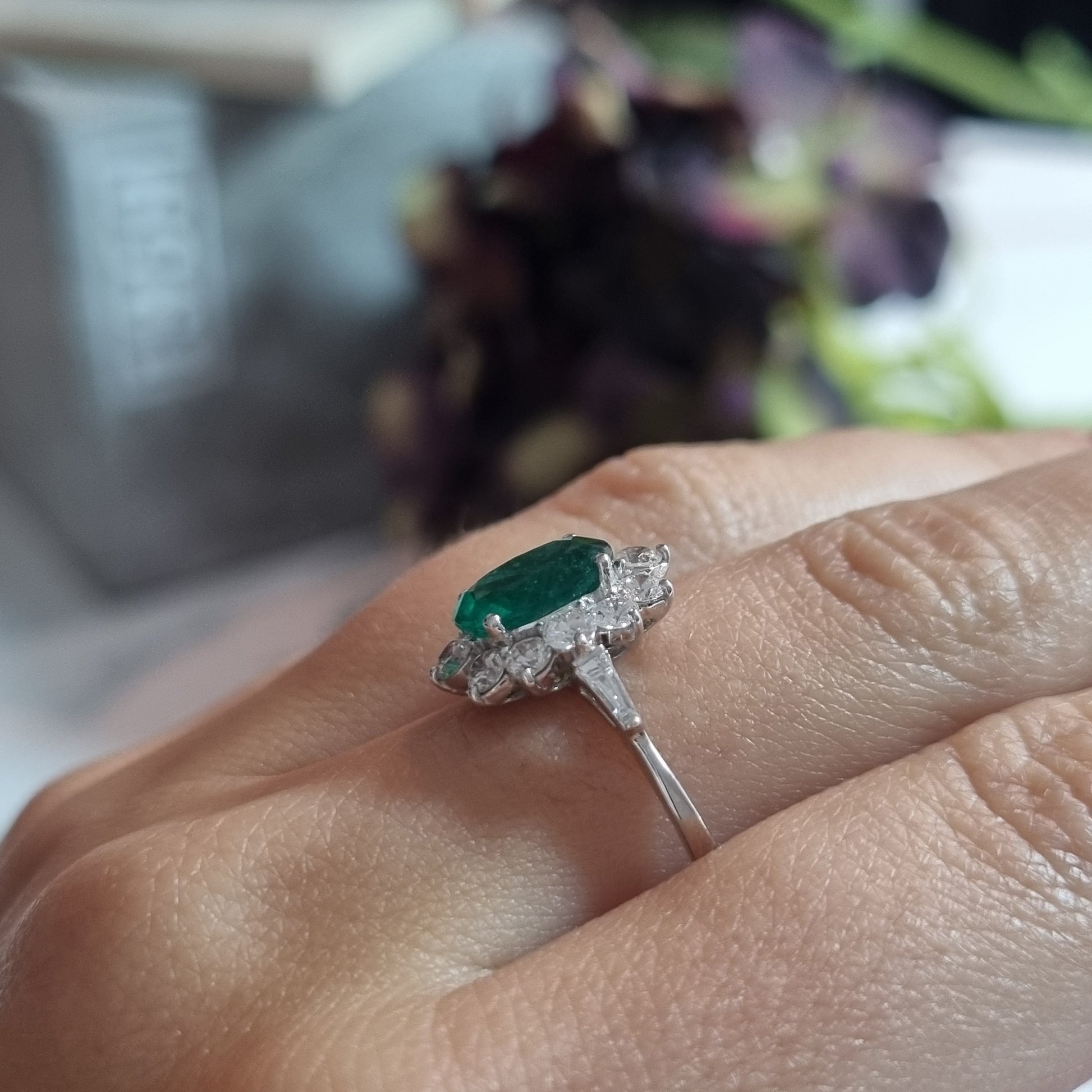 1.54ct Oval Emerald and Diamond Cluster Engagement Ring