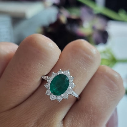 1.54ct Oval Emerald and Diamond Cluster Engagement Ring