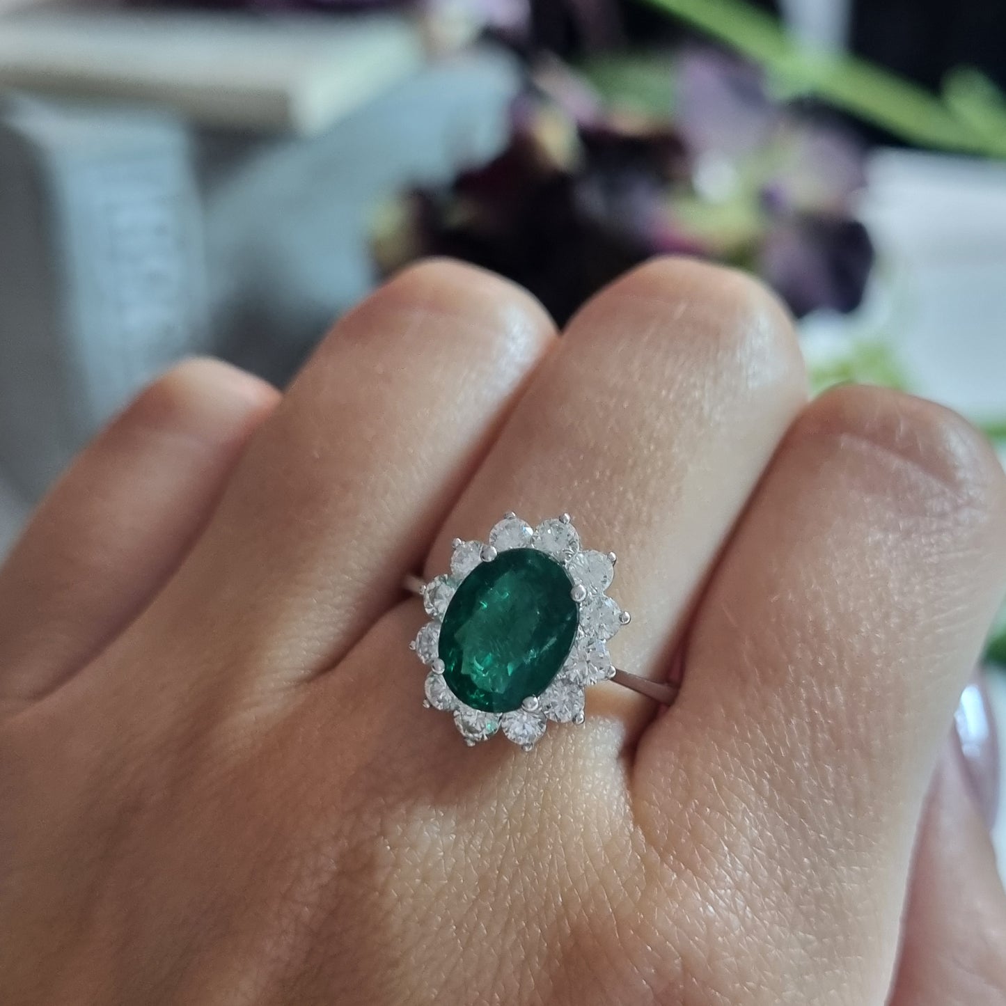 2.16ct Oval Emerald and Diamond Cluster Ring