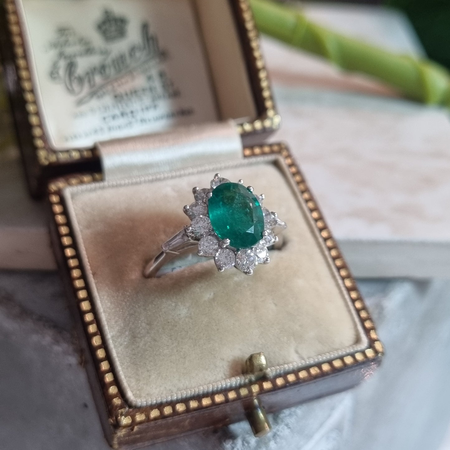 1.54ct Oval Emerald and Diamond Cluster Engagement Ring