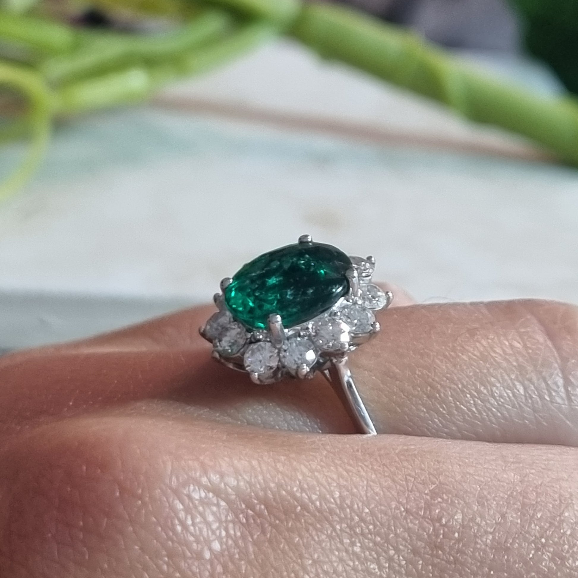 2.16ct Oval Emerald and Diamond Cluster Ring