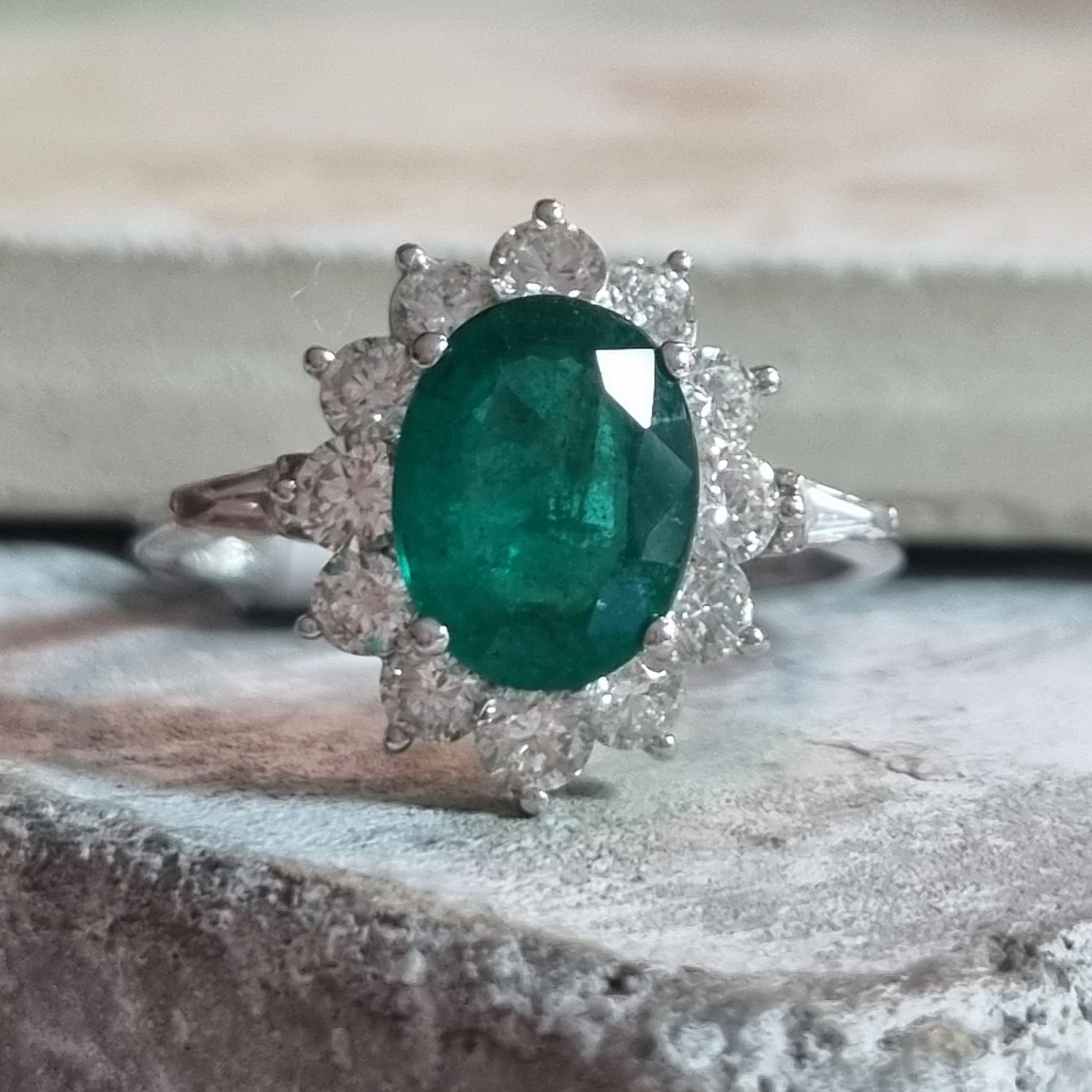 1.54ct Oval Emerald and Diamond Cluster Engagement Ring