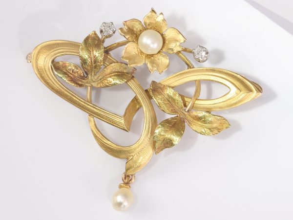 French Art Nouveau Gold Pendant Brooch With Diamonds and Pearls