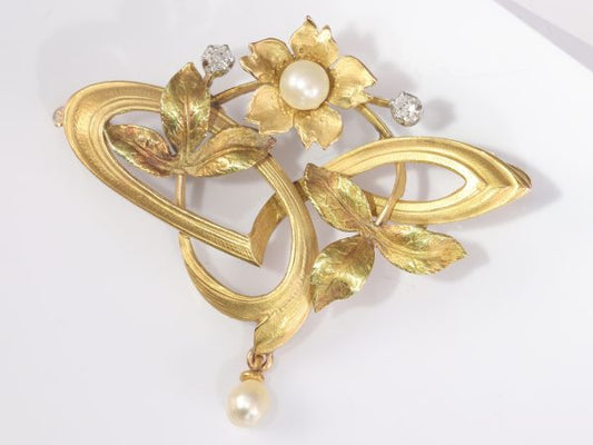 French Art Nouveau Gold Pendant Brooch With Diamonds and Pearls