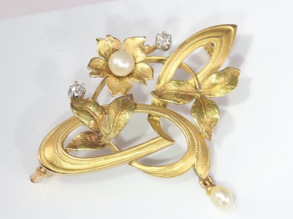French Art Nouveau Gold Pendant Brooch With Diamonds and Pearls