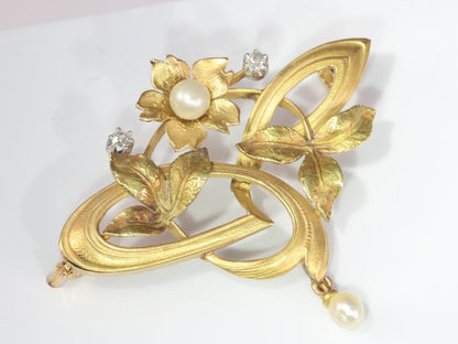 French Art Nouveau Gold Pendant Brooch With Diamonds and Pearls