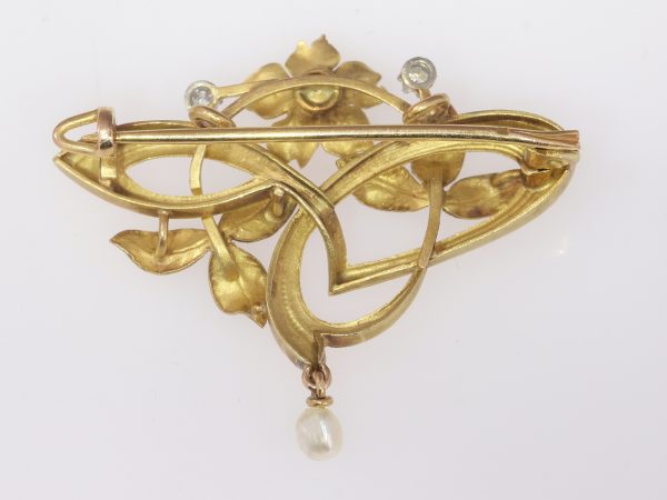 French Art Nouveau Gold Pendant Brooch With Diamonds and Pearls