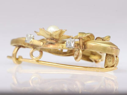 French Art Nouveau Gold Pendant Brooch With Diamonds and Pearls